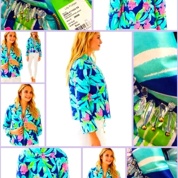 NWT Lilly Pulitzer RARE Embellished Puffer Jacket Ikat Blue Island Exotic NICE!! - Picture 2 of 6